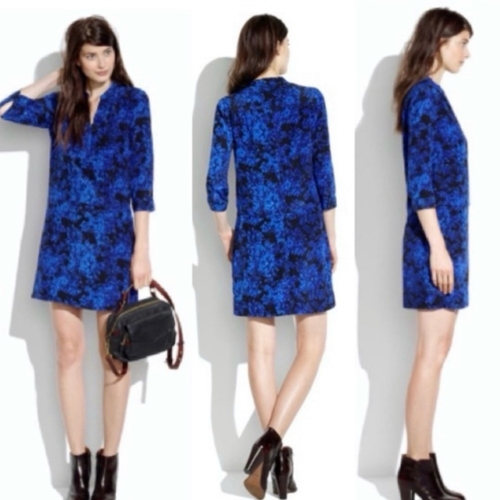 Madewell Silk Director Shift Dress Royal Blue Brushstroke Floral Print Size Med